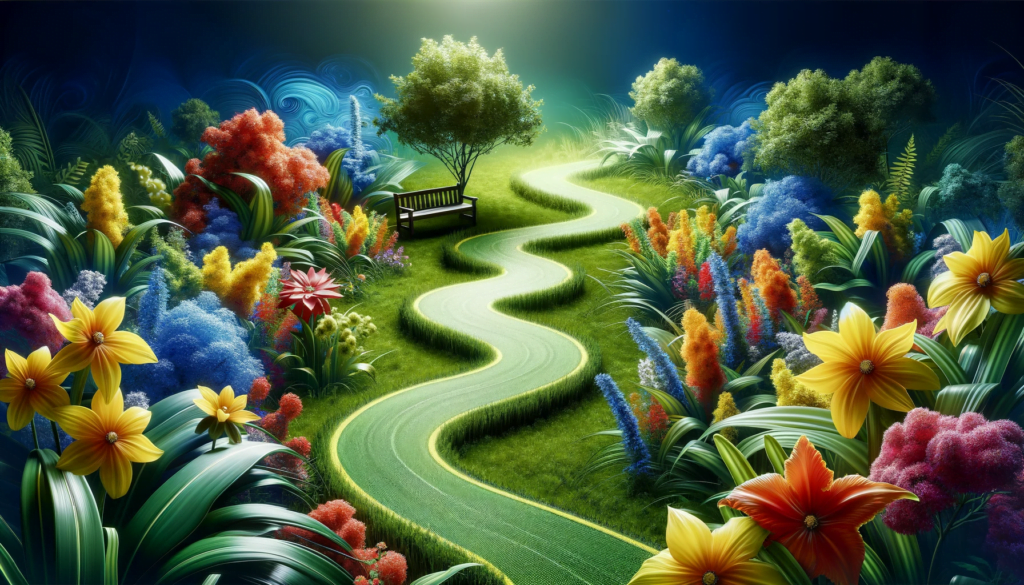 an image depicting a vibrant garden with a winding path leading to a website, symbolizing organic search traffic. The path is surrounded by blooming flowers, reflecting the importance of a natural and sustainable online presence