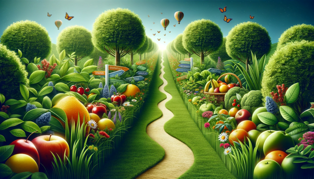 an image that represents a lush garden with a clear path leading to a website. Show various fruits and flowers blooming along the path, symboli